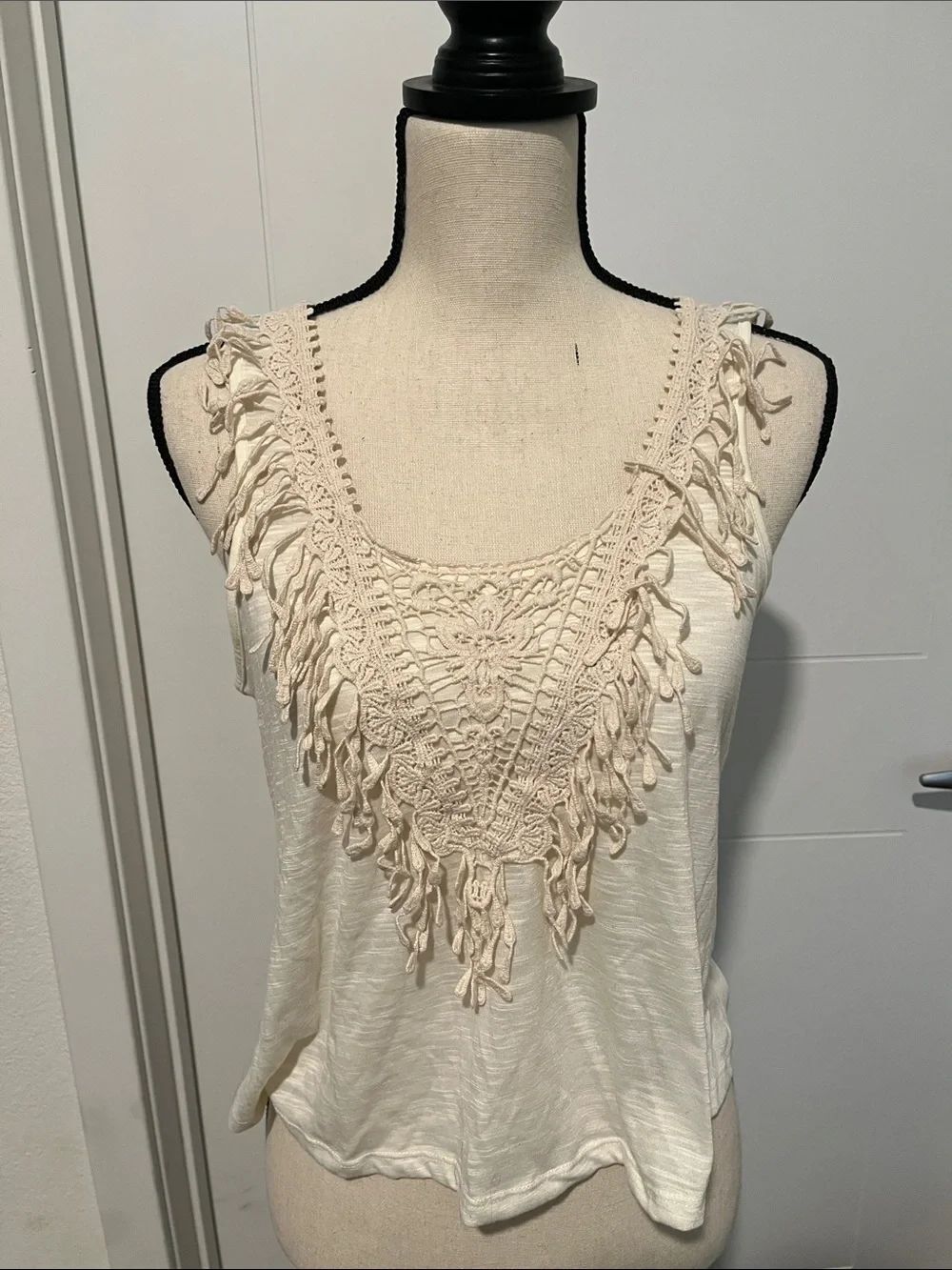 Deb Cream Crochet Fringe V-Neck Sleeveless Crop Tank Top Festival Bohemian